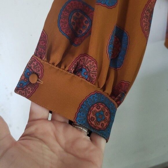 FOXCROFT Women's VINTAGE 70's Academia Mustard Bold Print Button Top Medium - Picture 4 of 9